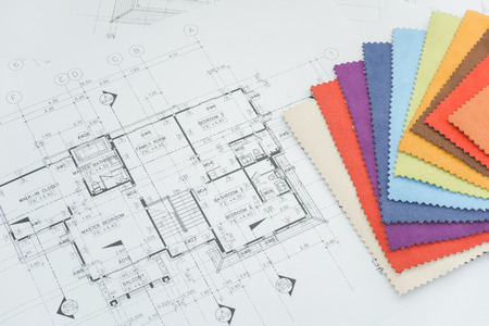 Close up sample of fabric and architectural drawing paperの写真素材