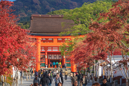 Kyoto, Japan - December 01, 2013 : Tourism walking around Main gate of Fushimi Inari-taisha shrine in Kyoto, Japan.のeditorial素材