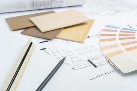 color and material samples on architectural drawings of the modern houseの写真素材