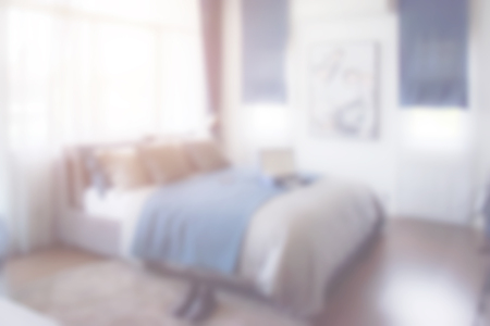 Blurred bedroom interior blue and gray color schemeの写真素材