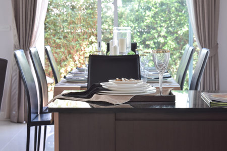 dining room decorative with elegant table set in wooden tray on pantryの写真素材