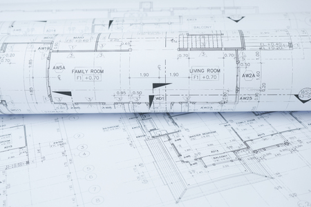 architectural drawing paper rolls of a dwelling for constructionの写真素材