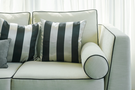 Black and white stripped pillows on sofa in living roomの写真素材