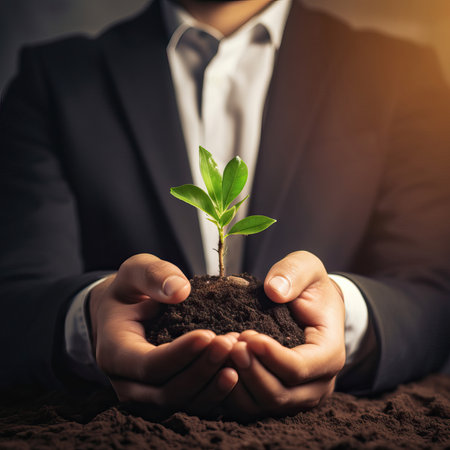 Close up businessman hands holding small green seedling growing from soil in hands, Startup concept.の写真素材
