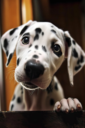 Dalmatian puppy looking out the window. Close-up.の写真素材