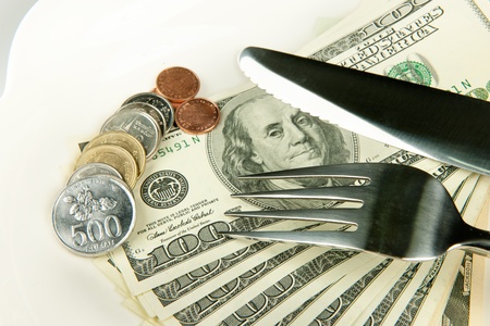 money are food for everbody denomination on plate.の写真素材