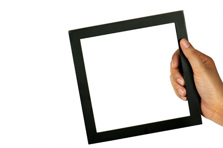 Black frame in hand isolated on white backgroundの写真素材