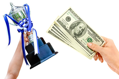 money for win cup with ribbon isolated in hand