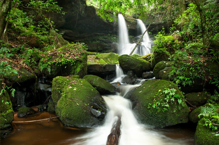 waterfall in thai national park. In the deep forest on mountain.の写真素材