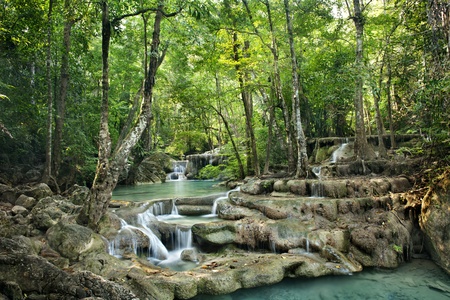 waterfall in Erawan national park , Kanchanaburi , thailandの写真素材