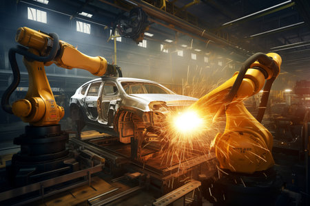 Automated Robotic arms line welding assembly car working at futuristic factory, industrial robots in automotive factory industry factory automation car manufacturing. Robot arm high tech. ai generatedの素材