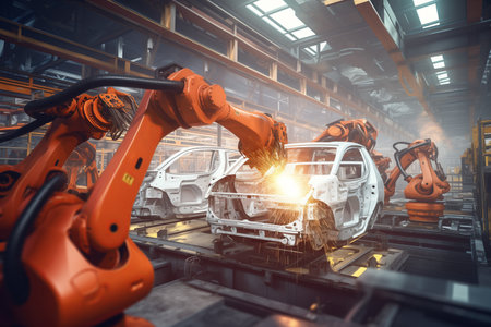 Automated Robotic arms line welding assembly car working at futuristic factory, industrial robots in automotive factory industry factory automation car manufacturing. Robot arm high tech. ai generatedの素材