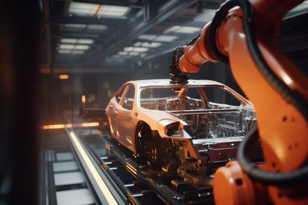 Automated Robotic arms line welding assembly car working at futuristic factory, industrial robots in automotive factory industry factory automation car manufacturing. Robot arm high tech. ai generatedの素材
