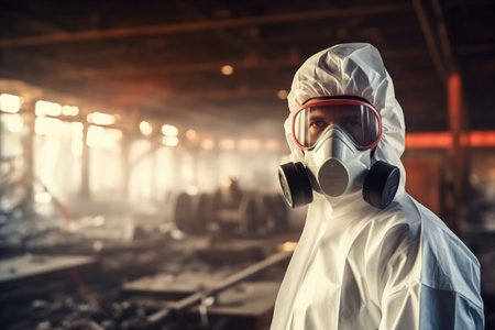 Man scientist in PPE Chemical Suit and hazmat suits inspector chemical gas leak spill with safety face mask in area close barricade security tape. dirty area spill cross stripe ribbon ai generatedの素材