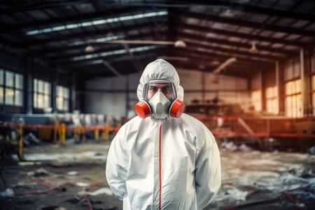Man scientist in PPE Chemical Suit and hazmat suits inspector chemical gas leak spill with safety face mask in area close barricade security tape. dirty area spill cross stripe ribbon ai generatedの素材