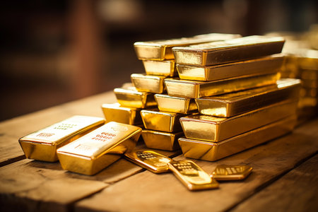 Ai generated ofGold bars Gold ingot, bullion gold, bank vault, stacked image. close up many pure gold bar ingot put on the black color with bokeh surface. many pile of gold bars in golden background.の素材