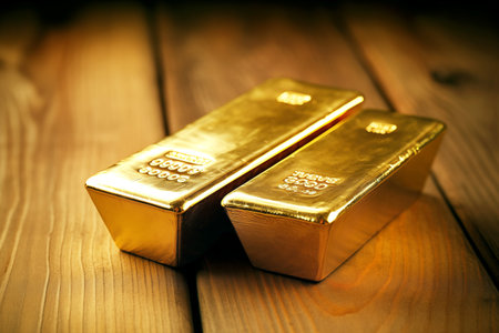 Ai generated ofGold bars Gold ingot, bullion gold, bank vault, stacked image. close up many pure gold bar ingot put on the black color with bokeh surface. many pile of gold bars in golden background.の素材