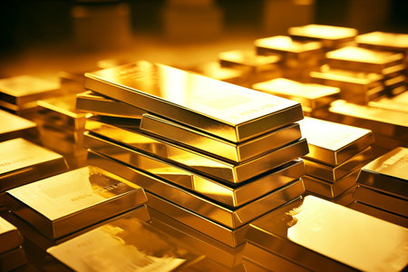 Ai generated ofGold bars Gold ingot, bullion gold, bank vault, stacked image. close up many pure gold bar ingot put on the black color with bokeh surface. many pile of gold bars in golden background.の素材