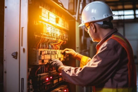 Ai generated of elderly Man Electrician engineer check tester measuring voltage current of power electric line in electricity cabinet control. Electrician Workers use meter to measure circuit board.の素材