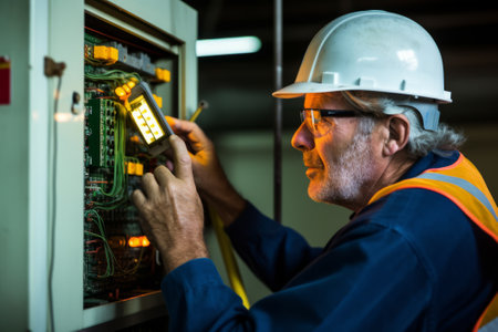 Ai generated of elderly Man Electrician engineer check tester measuring voltage current of power electric line in electricity cabinet control. Electrician Workers use meter to measure circuit board.の素材