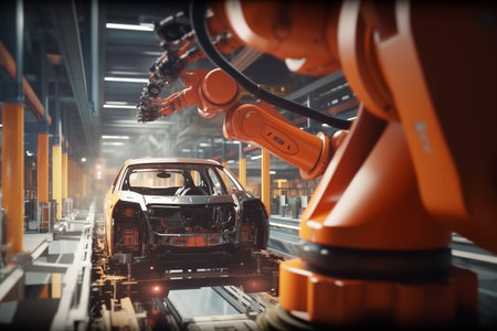 Automated Robotic arms line welding assembly car working at futuristic factory, industrial robots in automotive factory industry factory automation car manufacturing. Robot arm high tech. ai generatedの素材