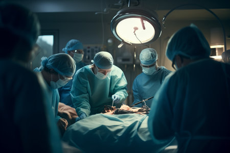 surgery doctor team in emergency Operating Room, Assistant Hands out Instruments to Surgeons During Operation. doctor and nurse surgeons in green gown coat at hospital operating theater. ai generatedの素材