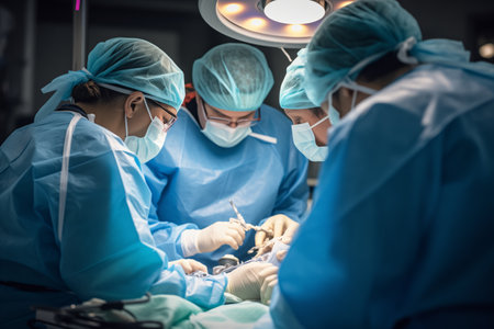 surgery doctor team in emergency Operating Room, Assistant Hands out Instruments to Surgeons During Operation. doctor and nurse surgeons in green gown coat at hospital operating theater. ai generatedの素材