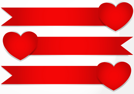 red ribbon with red heart on white background, vector, illustration, copy space for text, valentine day, cover paper, landscape, paper cut and origami styleのイラスト素材