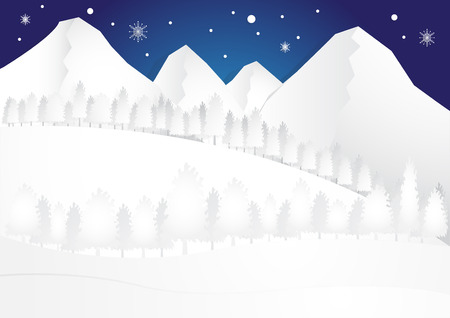 winter season at night background with snow and many tree on blue background, chrismas background,  copy space for text, illustration, paper cut and origami styleのイラスト素材