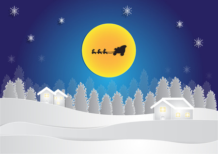 winter season at night background with house and snow in forest on moon background, christmas background,  copy space for text, illustration, paper cut and origami styleのイラスト素材