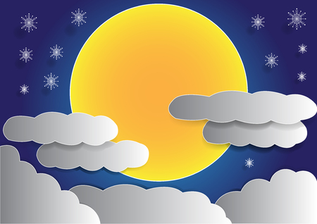 big full moon and cloud background in the night sky, christmas background,copy space for text, illustration, paper art and origami styleのイラスト素材