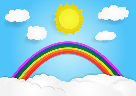 rainbow on cloud,  copy space for text, illustration, paper art and origami style, children book coverのイラスト素材