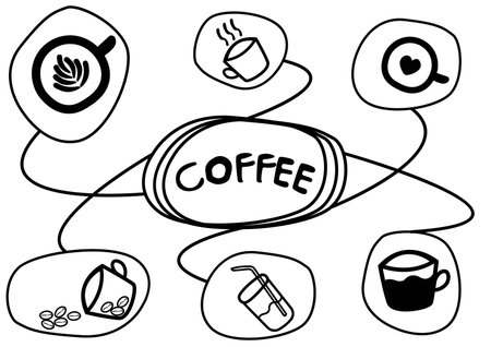 abstract hand draw doodle line in coffee concept on white background, vector, illustration, cartoon styleのイラスト素材