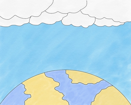 Abstract hand draw doodle part of world with blue background and cloud, illustration, copy space for text, cartoon watercolor paint style, digital artの写真素材