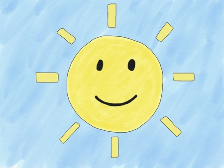 Abstract hand draw doodle sun smile isolate on blue background, illustration, copy space for text, watercolor paint style, digital art, children cartoon book styleの写真素材