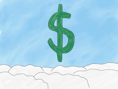 Abstract hand draw doodle dollar sign on sky background, weak of dollar currency concept, illustration, copy space for text, watercolor paint style, children cartoon book styleの写真素材