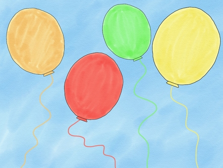 Abstract hand draw doodle colorfull of red, green, yellow, brown balloons on blue background, illustration, copy space for text, watercolor paint style, children cartoon book styleの写真素材