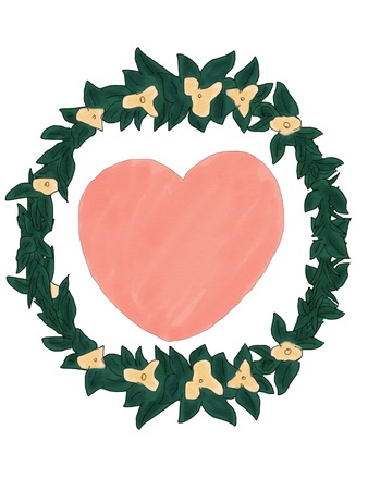 Abstract hand draw doodle floral and heart shape on white background, illustration, valentine card, copy space for text, watercolor paint styleの写真素材