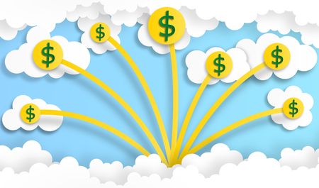 dollar coin arrange in graph shape rise in the sky with cloud, vector ,illustration, paper art styleのイラスト素材