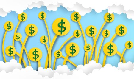 dollar coin in the sky with cloud, vector ,illustration, paper art styleのイラスト素材