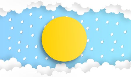 abstract cloud with sun and rain, rainy season background, vector ,illustration, paper art style, copy space for textのイラスト素材