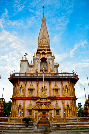 Pagoda in Wat Chalong or Chalong Temple with Beautiful Blue Sky Background at Phuket, Thailand. Public Place.の写真素材