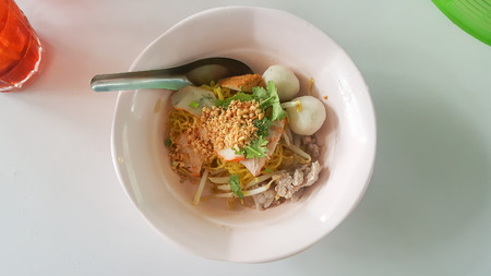 Egg Noodle With Meat Ball, Chops Meat And Vegetables. Popular Thai Foodの写真素材