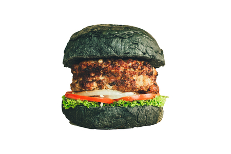 Delicious Fresh Homemade (Charcoal Bun) Black Burger With Fresh Vegetables Isolated on White Backgroundの写真素材
