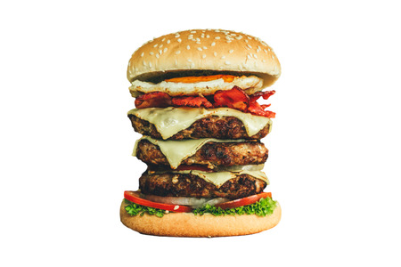 Delicious Fresh Homemade Burger With Fresh Vegetables Isolated on White Backgroundの写真素材