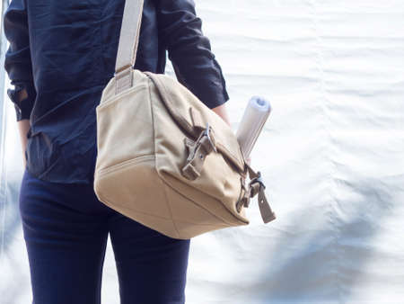Woman with canvas shoulder bag.Concept of messenger,student,travelerの写真素材