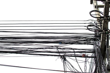 Electricity cable telephone wire and fiber optic wire of internet in Thailandの写真素材
