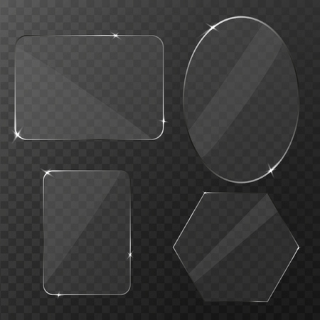 Set of transparent glass on sample background. Glass square, rectangular and round buttons on checkered background. Vector illustration.のイラスト素材