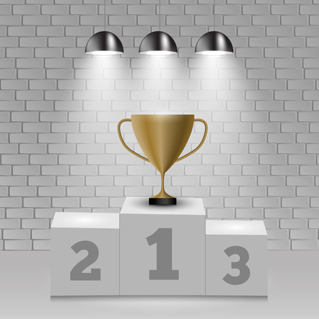 White winners podium and cup light on wall background. Vector Illustrationのイラスト素材