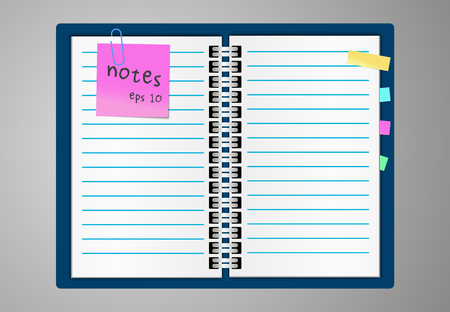 Vector realistic open notebook. Vertical blank copybook with metallic silver spiral and color notes.のイラスト素材